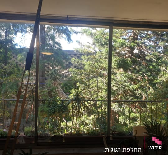 חלון זכוכית גדול עם נוף של עצים ירוקים